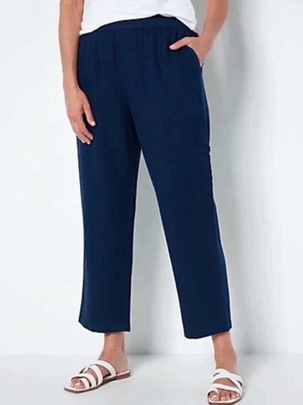 Susan Graver Pure Women XXS Navy Blue Easy Linen Utility Crop Cargo Pant NWOT